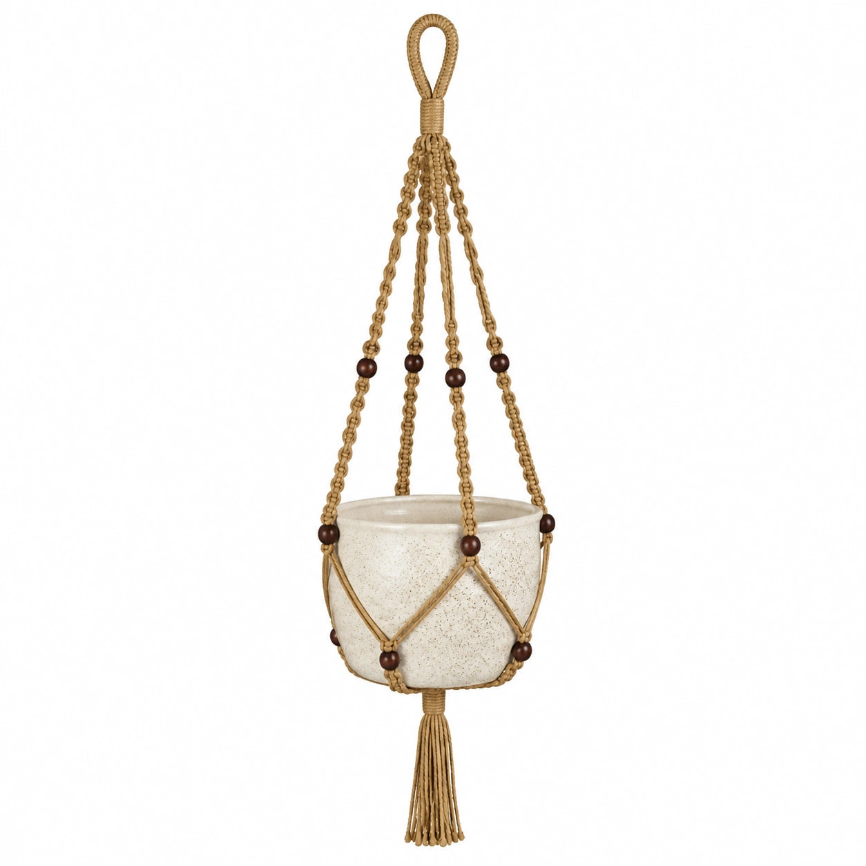Pot de fleurs suspendu 16 cm en céramique beige avec suspension macramé décorative