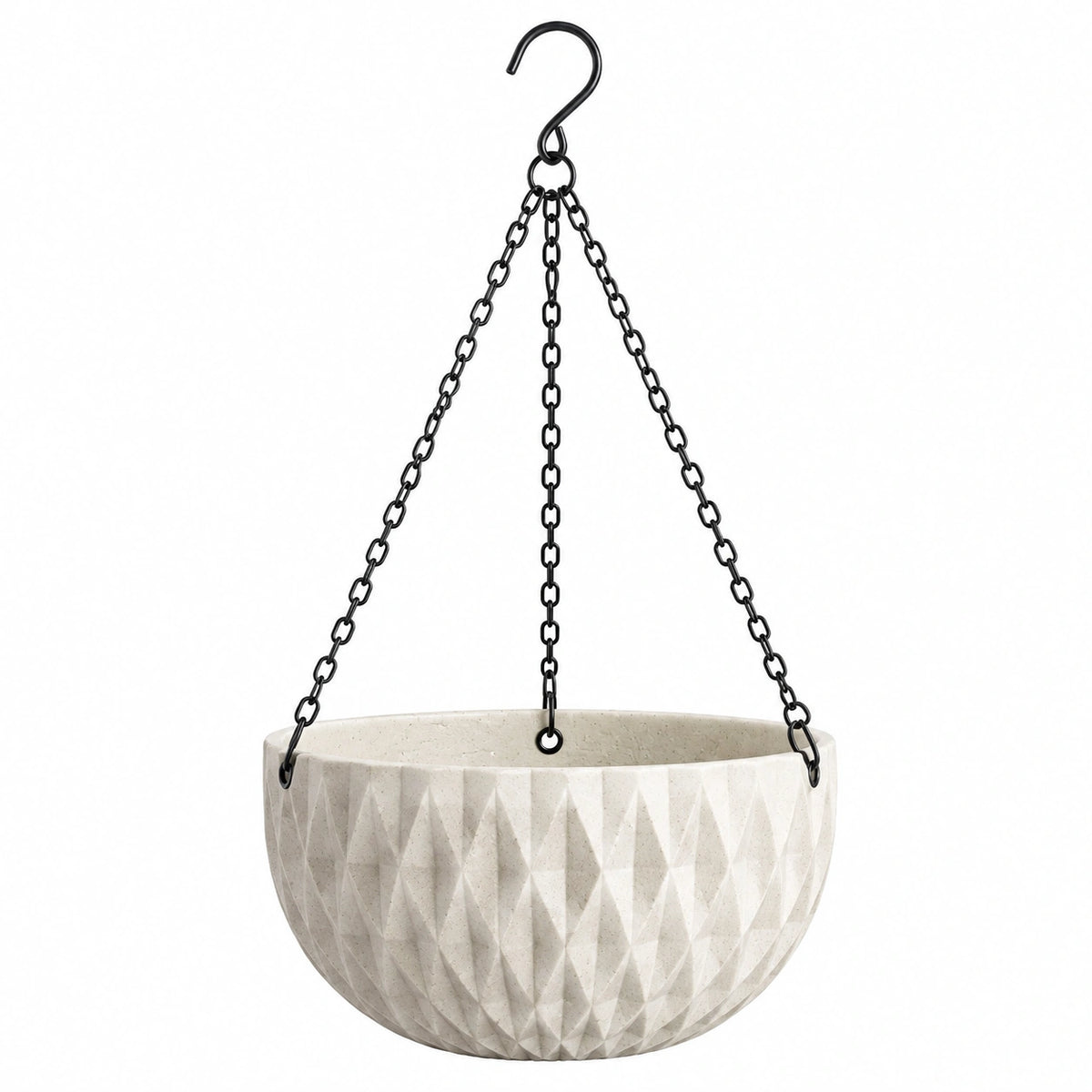 Pot de fleurs suspendu Ø 30 cm en résine beige avec chaînes métalliques style texturé