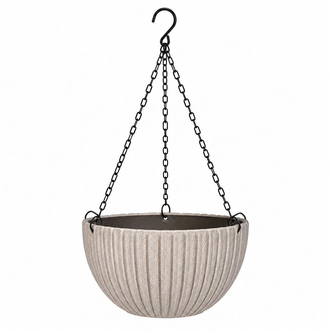 Jardinière suspendue 30 cm en ciment beige avec chaînes métalliques style texturé