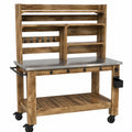 Table de jardin 120 x 60 x 180 cm en bois naturel avec plan de travail inox et roulettes