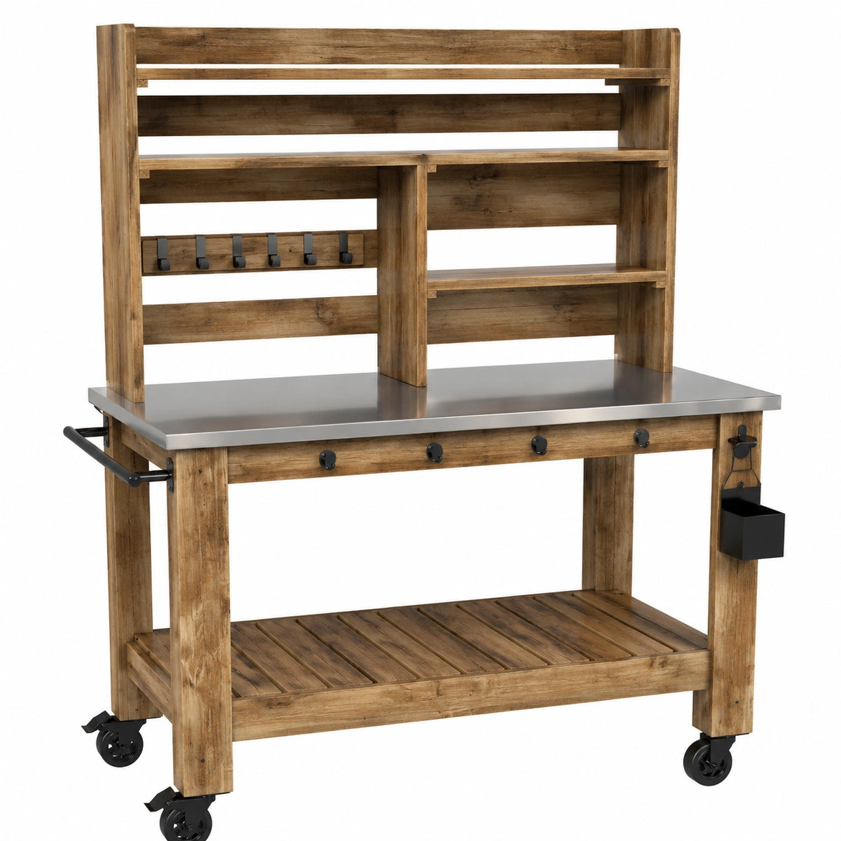 Table de jardin 120 x 60 x 180 cm en bois naturel avec plan de travail inox et roulettes