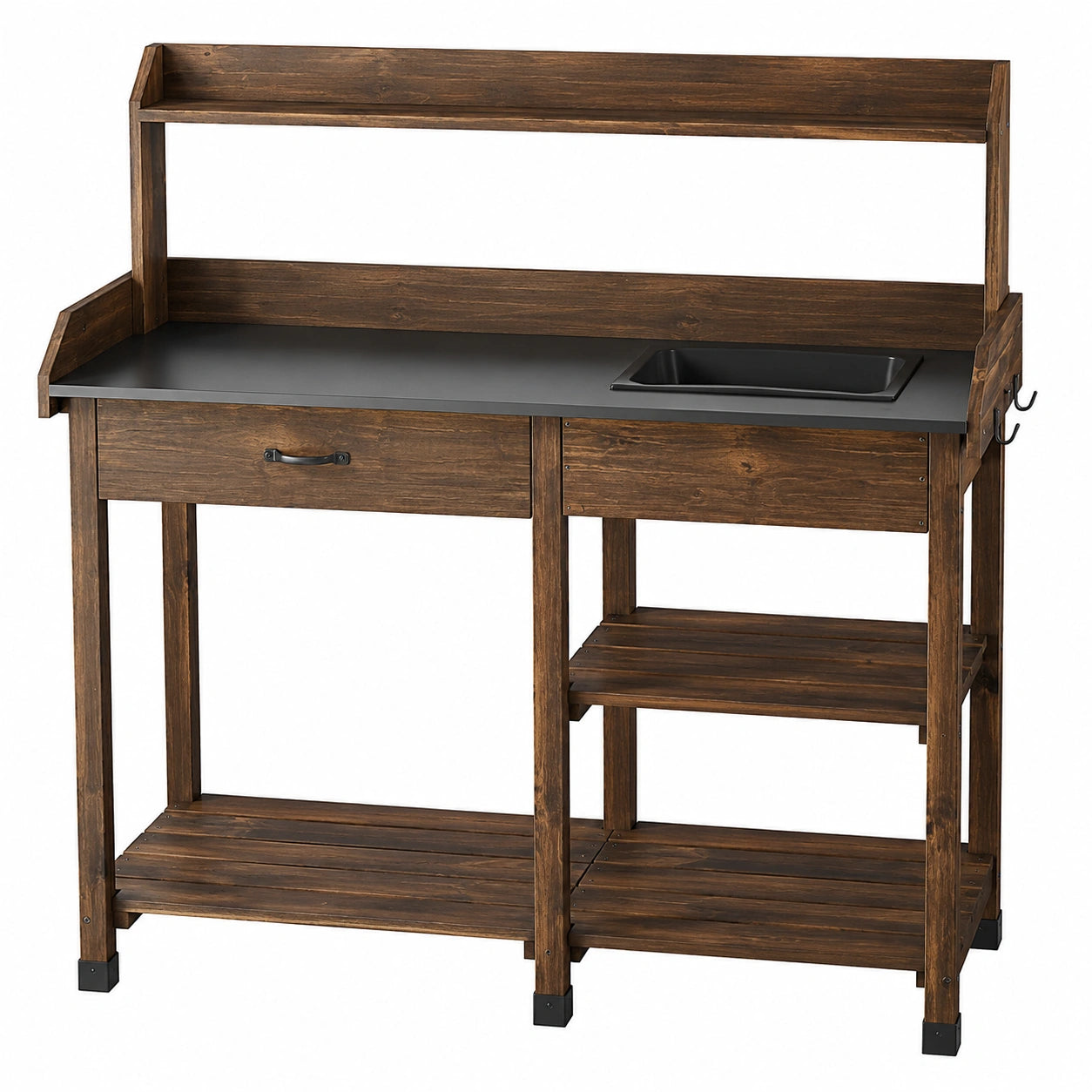 Table de rempotage 120 x 55 x 180 cm en bois brun avec plan de travail métallique bac intégré et rangements