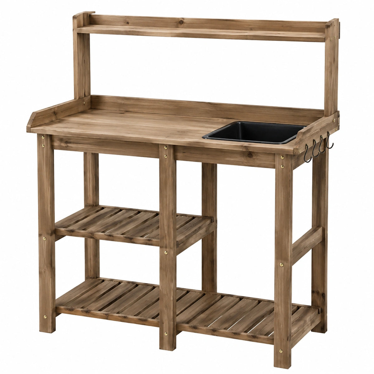 Table de jardinage 117 x 45 x 150 cm en bois marron avec bac et étagères