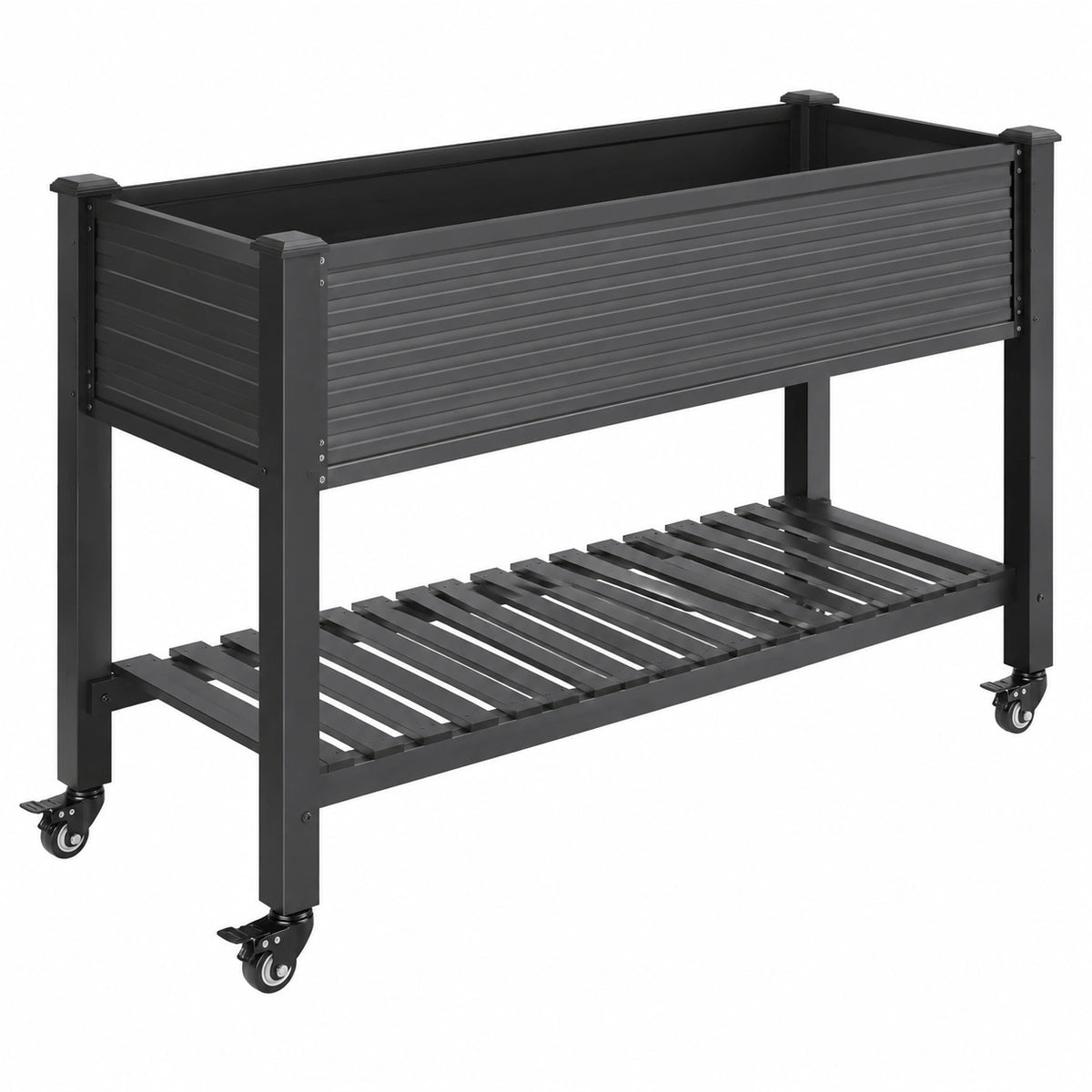 Jardinière surélevée 120 x 60 x 90 cm en acier noir avec roulettes et étagère