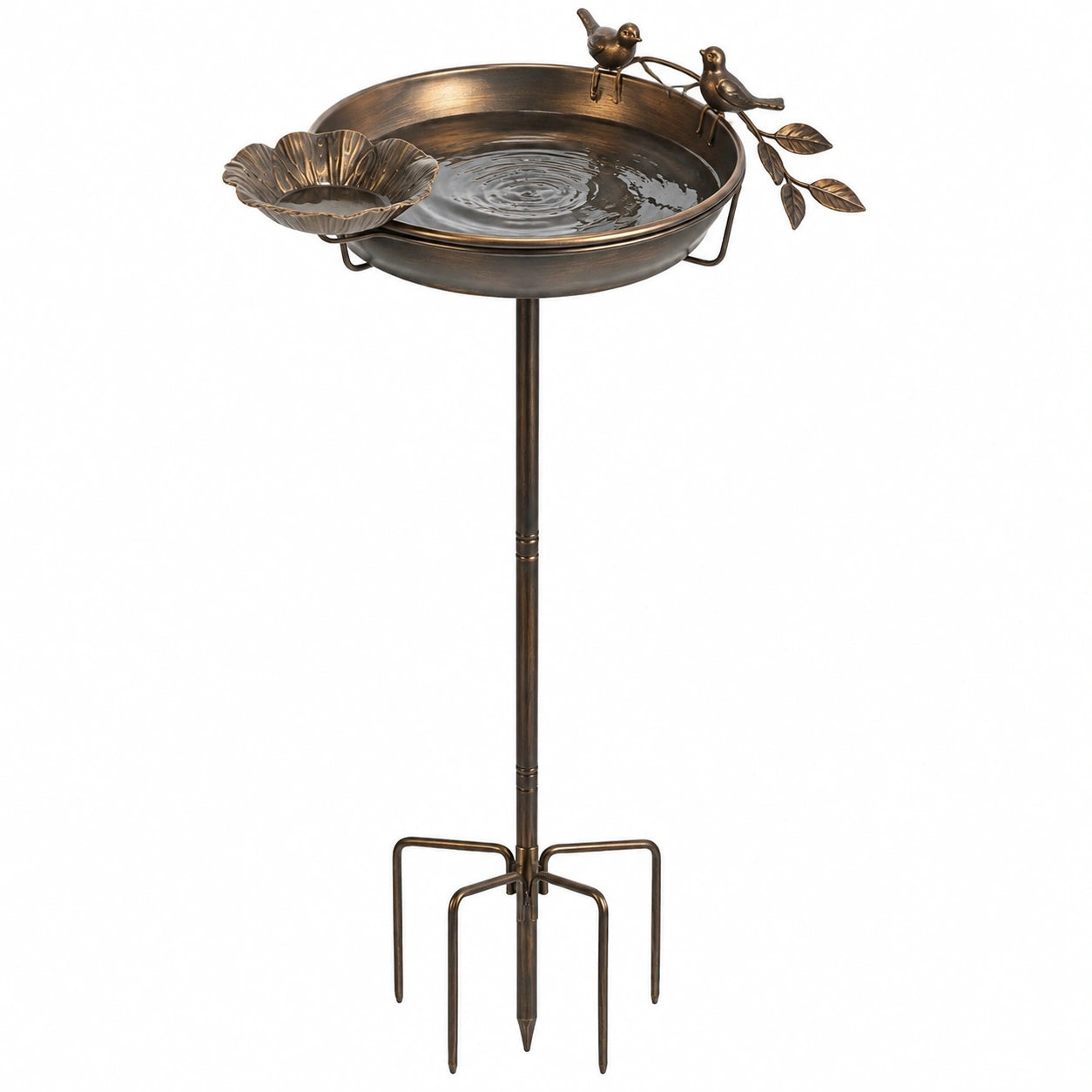 Bain d'oiseaux sur pied Ø 40 cm en métal bronze avec mangeoire décorative de jardin