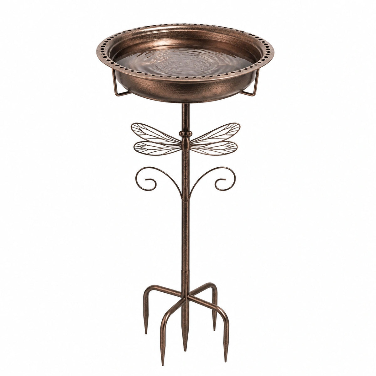 Bain d'oiseaux Ø39 cm en métal brun sur piquet - décor libellule pour jardin