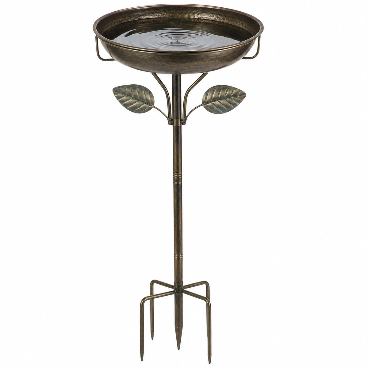 Bain d'oiseaux Ø 45 cm en métal bronze sur pied à planter décor feuillage