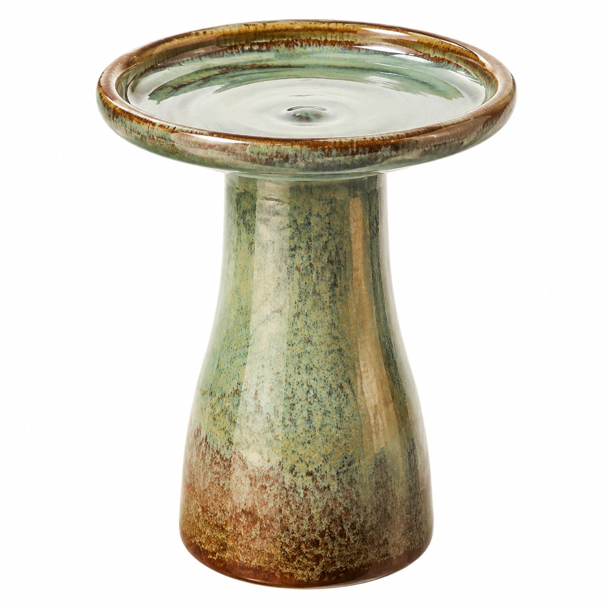 Bain d'oiseaux sur pied diamètre 35 cm hauteur 50 cm en céramique émaillée vert brun pour jardin