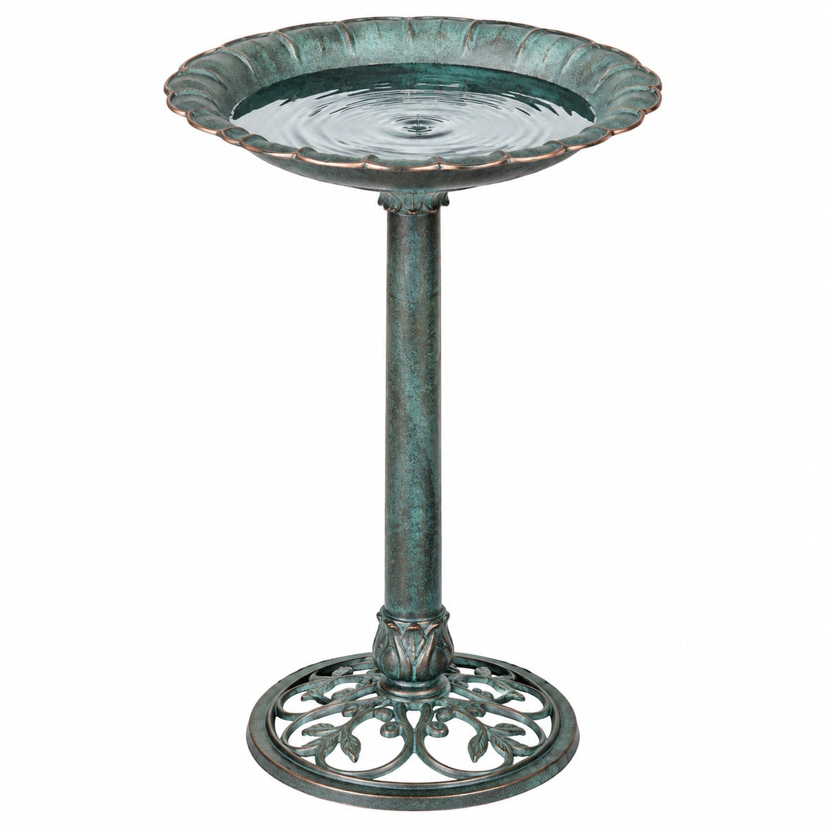 Bain d'oiseaux sur pied diamètre 50 cm métal vert patiné décoratif pour jardin