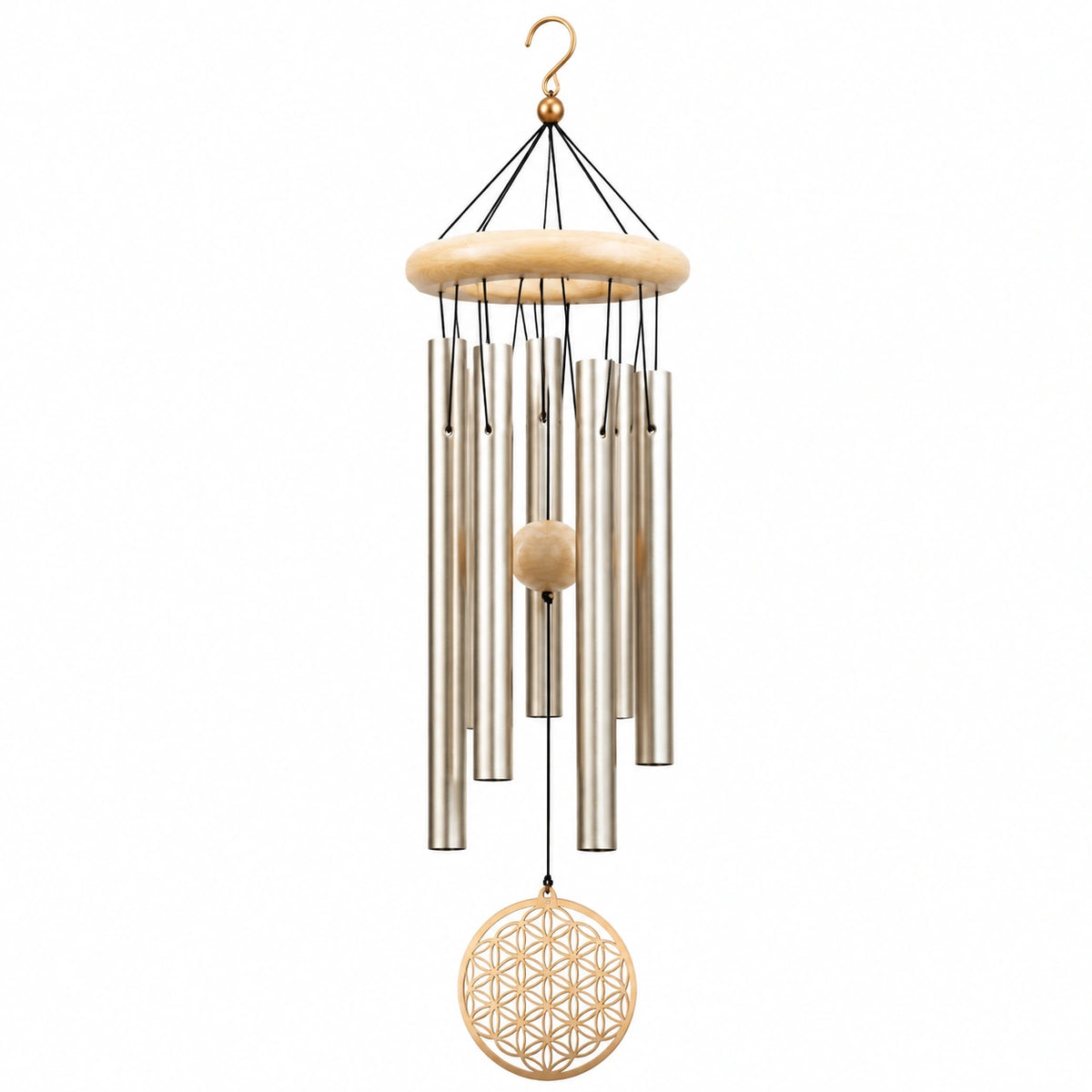 Carillon éolien 75 cm métal et bois beige argenté décoratif suspendu