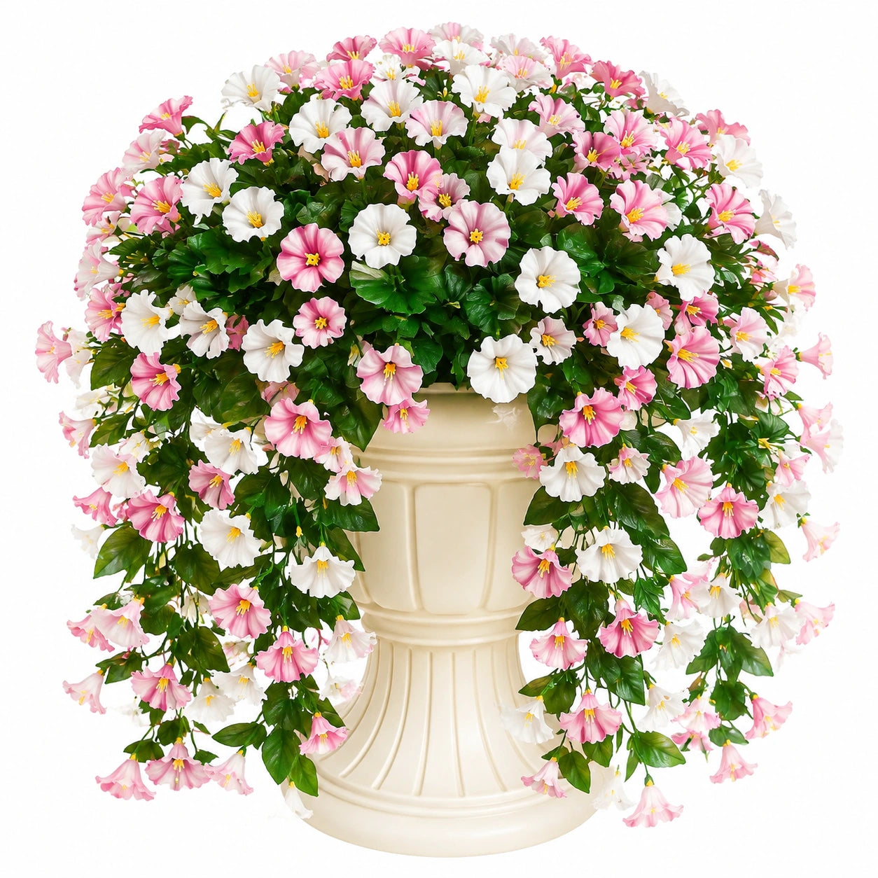 Plante fleurie artificielle en pot 65 cm rose blanc feuillage vert retombant