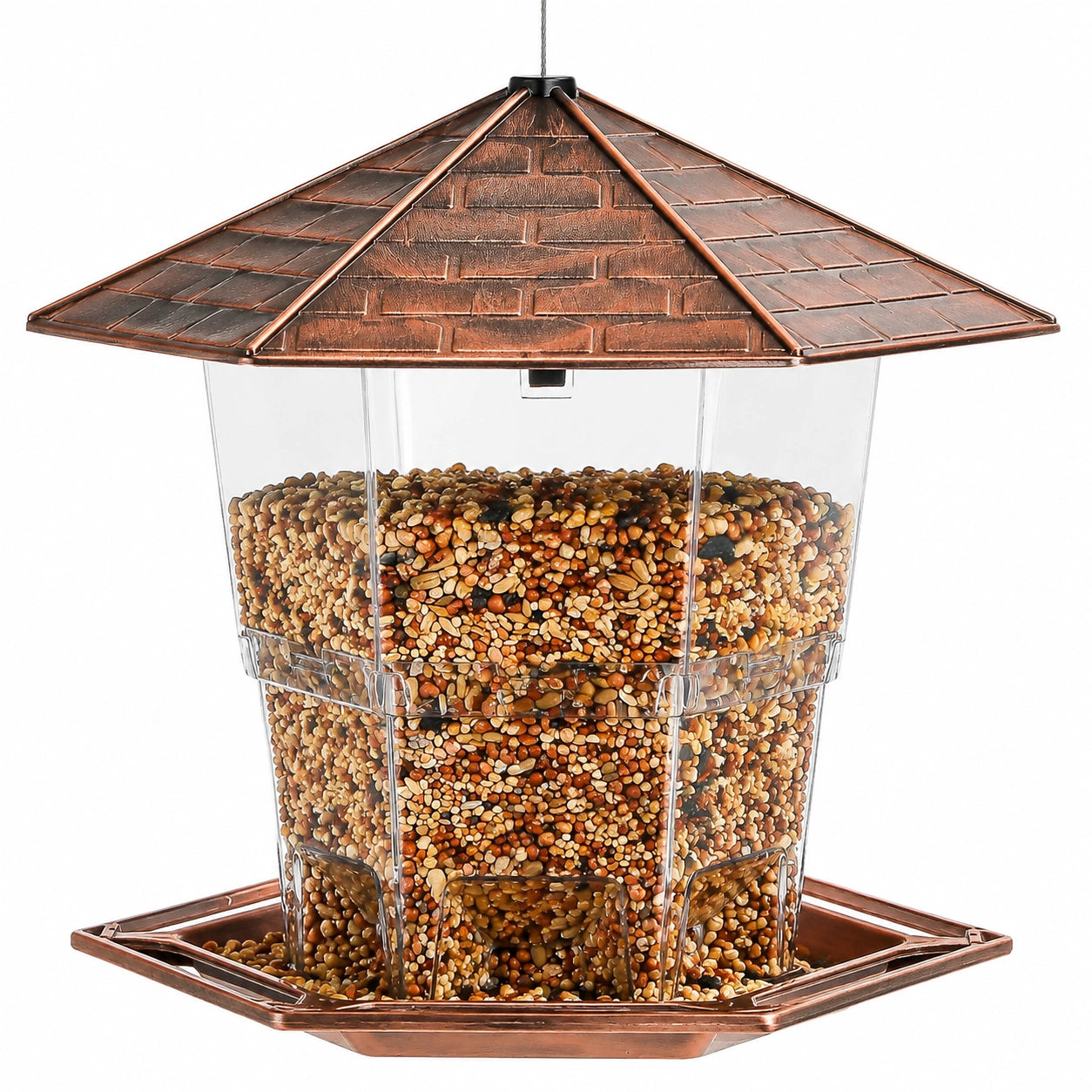 Mangeoire à oiseaux suspendue 30 x 30 x 38 cm en plastique transparent brun cuivré pour jardin avec toit protecteur