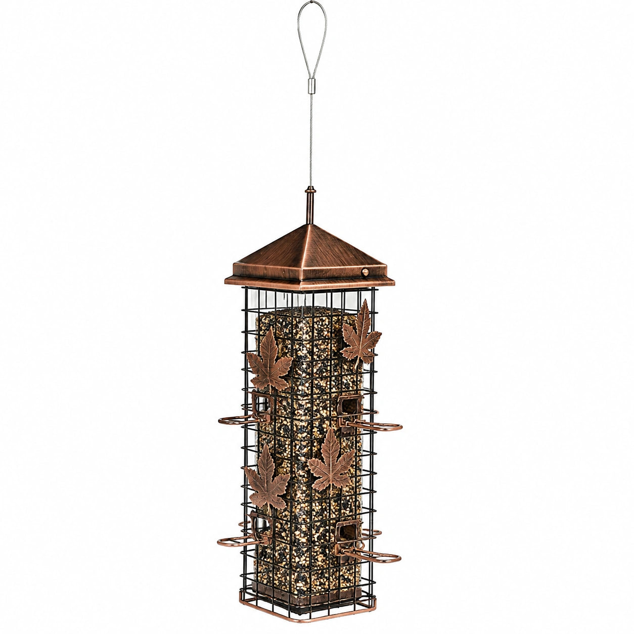 Mangeoire pour oiseaux 18 x 18 x 36 cm en métal noir et cuivré à suspendre avec grille