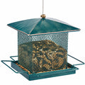 Mangeoire à oiseaux suspendue 20 x 20 x 27 cm en métal vert pour graines avec toit protecteur