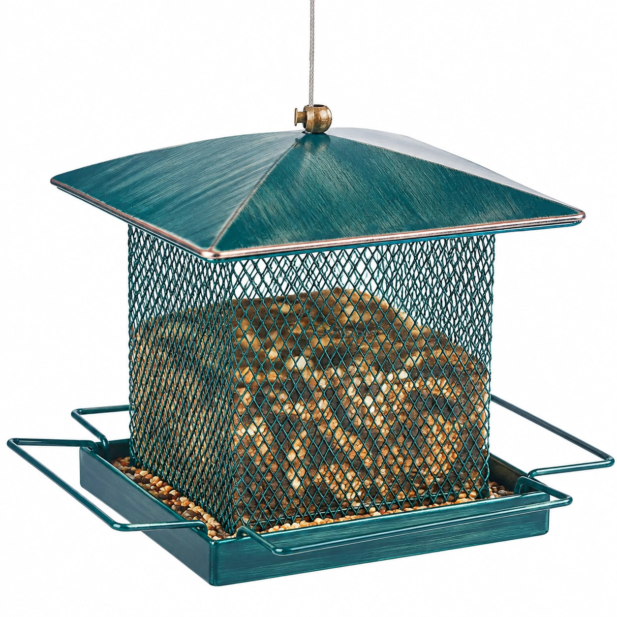 Mangeoire à oiseaux suspendue 20 x 20 x 27 cm en métal vert pour graines avec toit protecteur