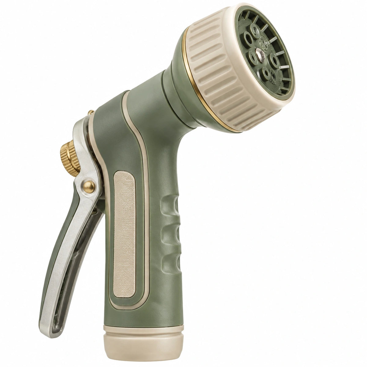Pistolet d'arrosage 20 x 14 cm en plastique vert et beige à jet réglable pour jardin
